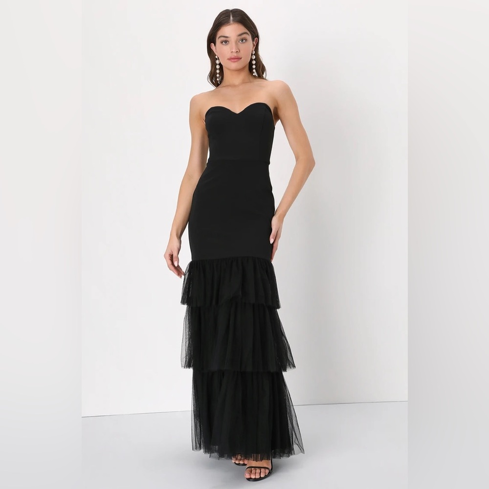 Lulu’s Dramatic Fanatic Black Strapless Tulle Trumpet Maxi Dress Size Small NWOT